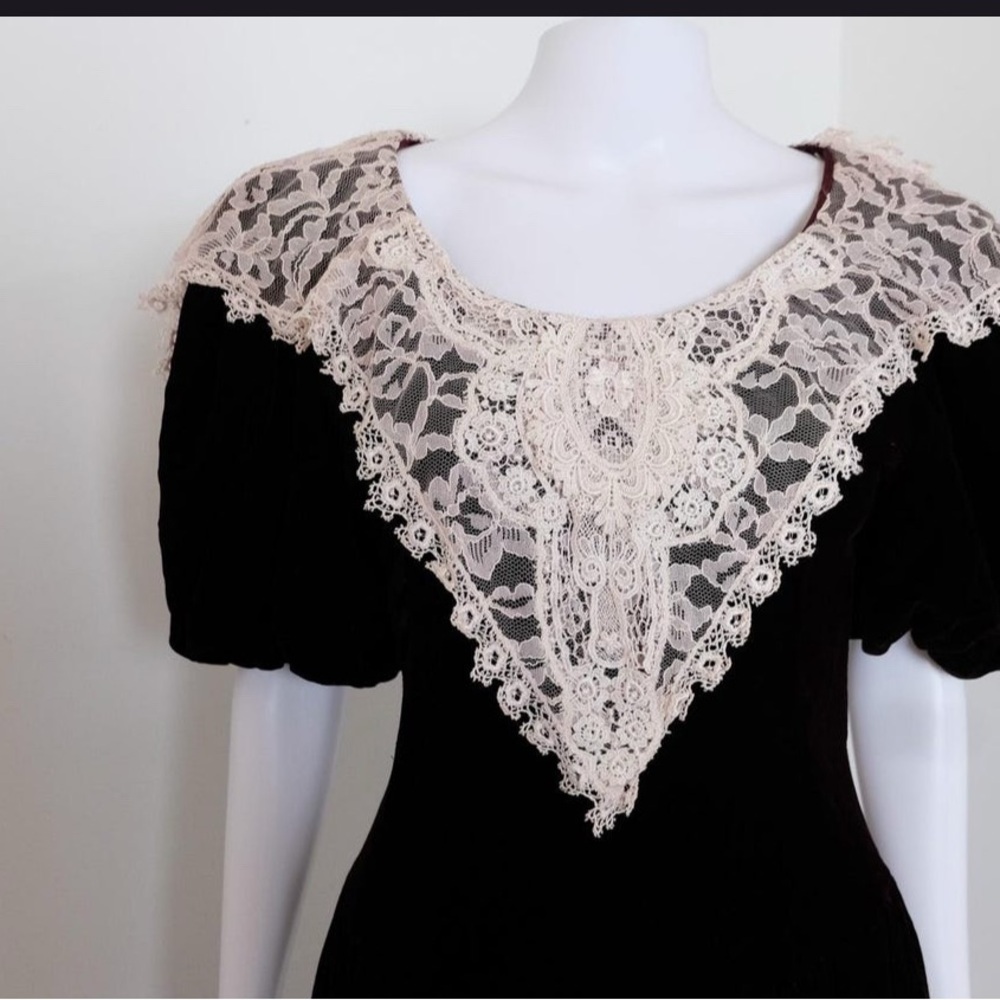Cachet 80’s Velvet Black Dress sz7/8 whimsygoth Victorian Prairie cottagecore